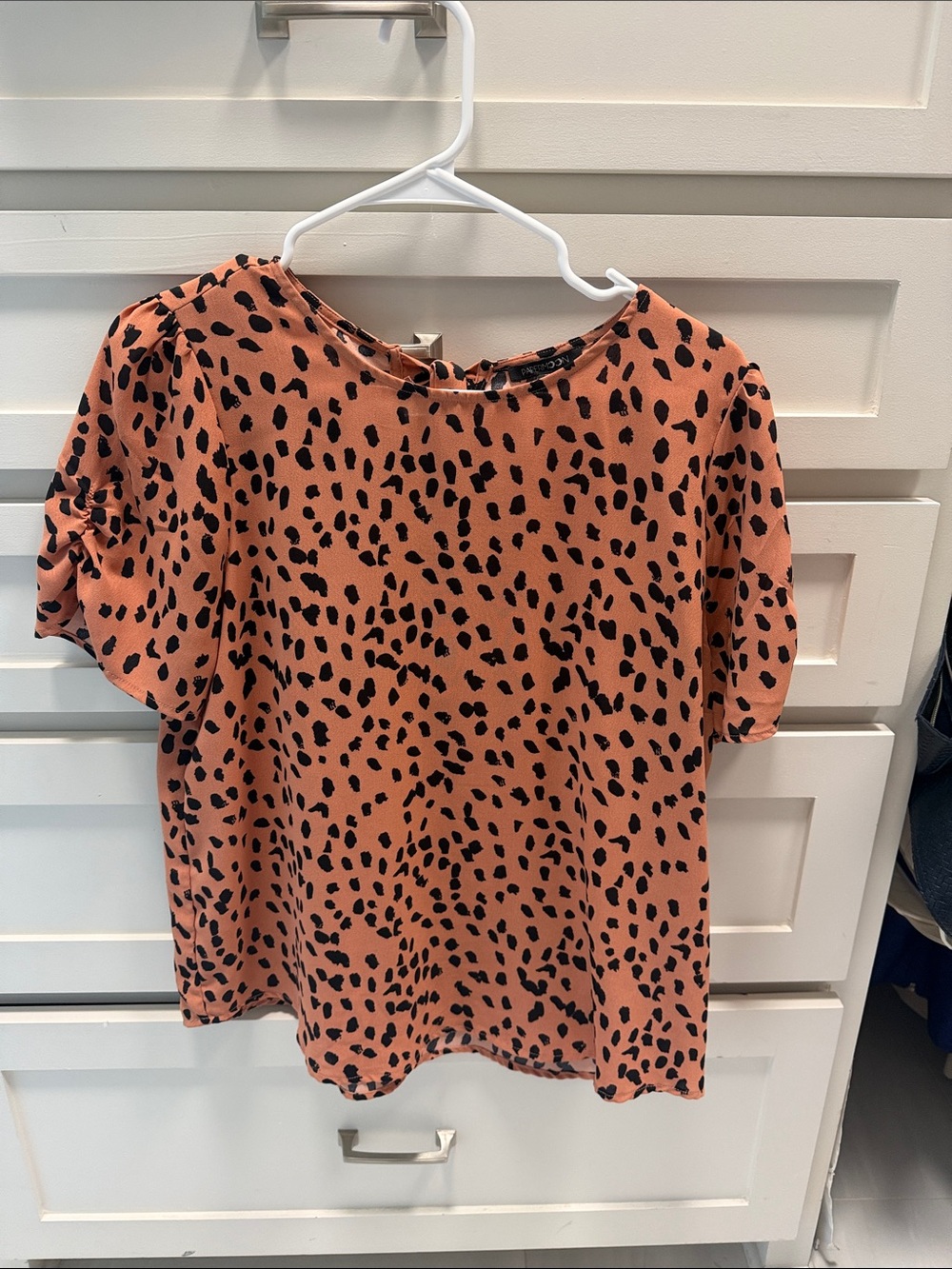 Women's Rust Orange Animal Print Short Sleeve Top with Cute Tie on Back